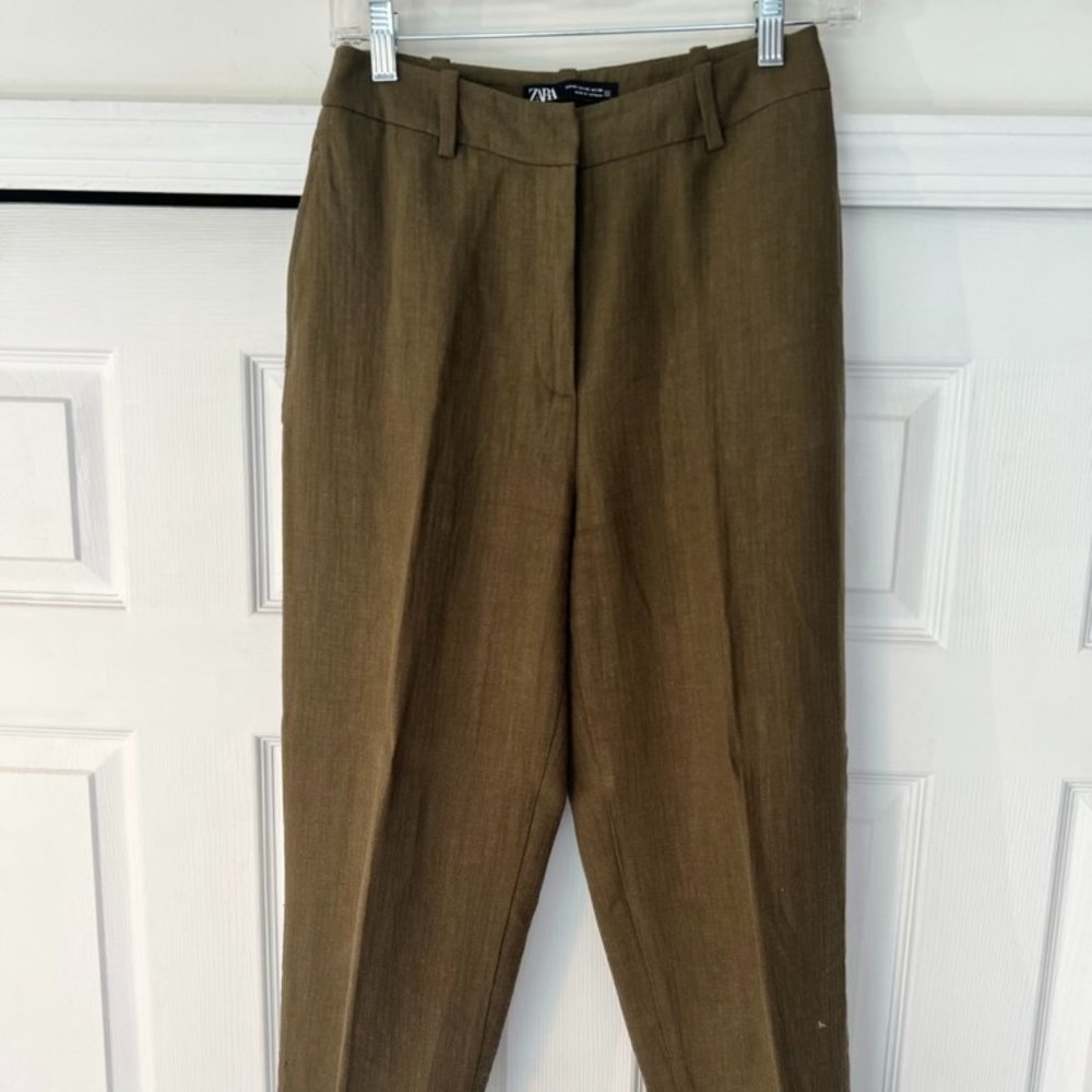 Zara Olive Green Linen Wide Leg Trousers